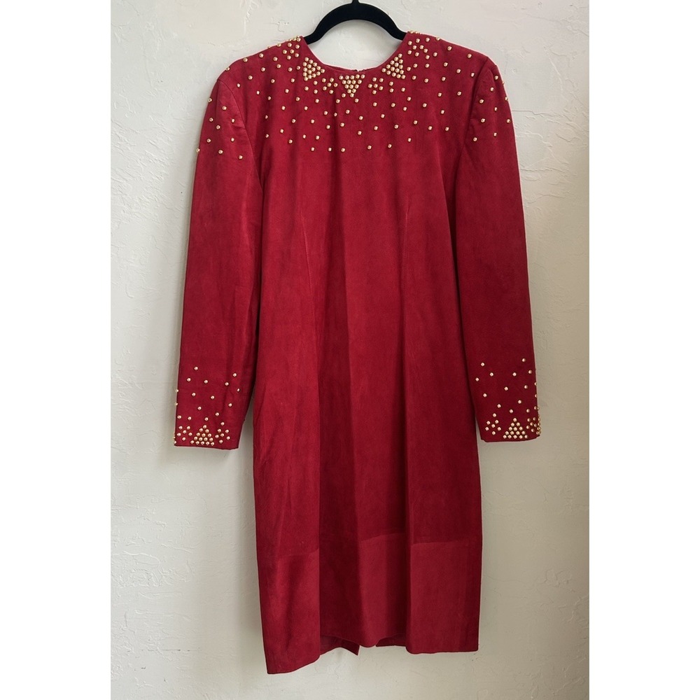 Vintage 80s 90s Pia Rucci Red Suede Dress Gold Studded NWT 12 Glam Party Holiday
